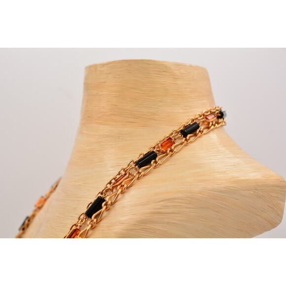 Vintage Crystal Chain Necklace Orange Open Bezel Black Gold Multi-Strand BinAU - Picture 10 of 12